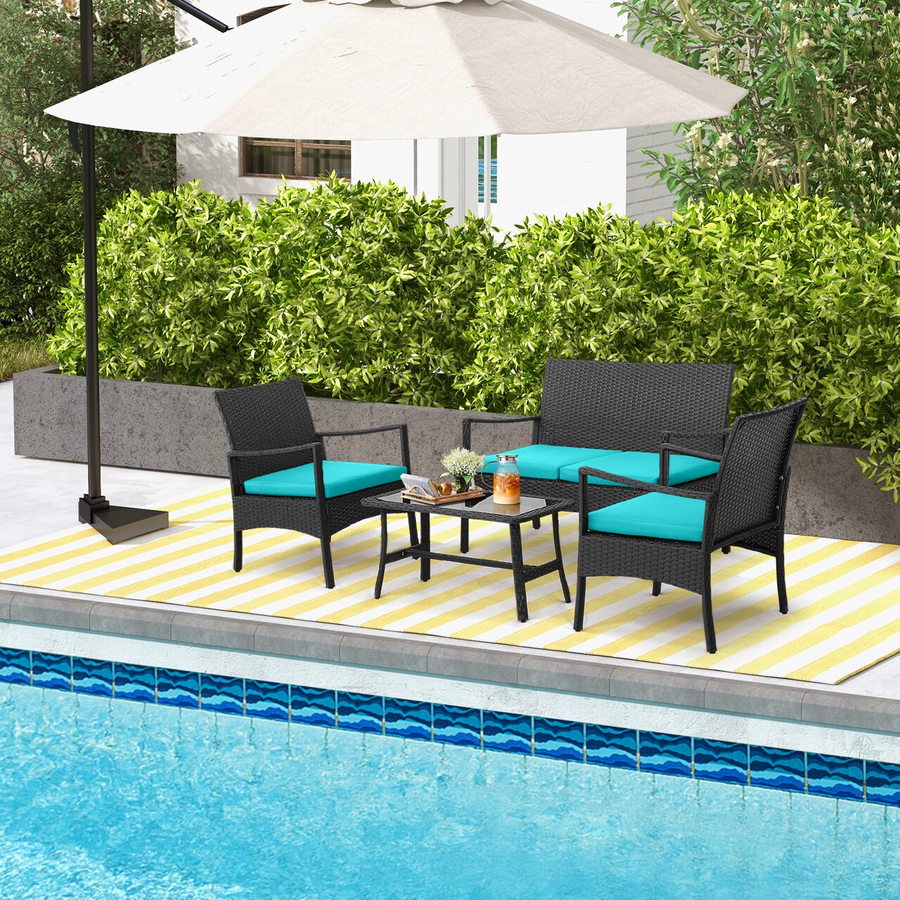 4 Pieces Outdoor Rattan Conversation Set with Tempered Glass Coffee Table